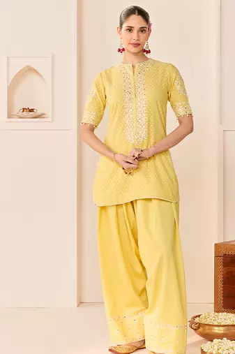 Lemon yellow embroidered chanderi silk kurta set