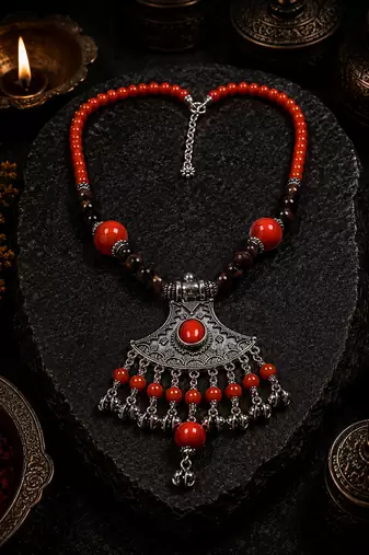 Ethnic treasure multi-bead necklace with german silver pendant