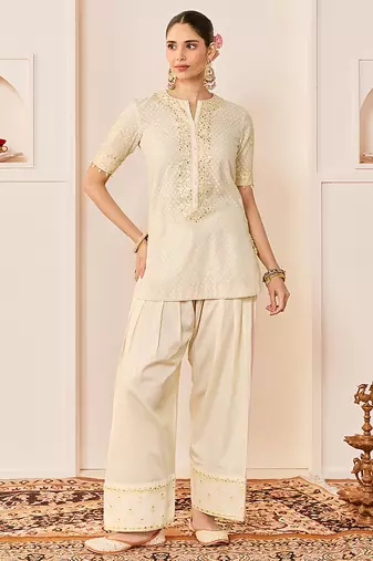 Daisy ivory embroidered chanderi silk kurta set