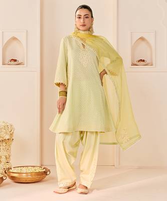 Mint green embroidered chanderi silk choga kurti set 1
