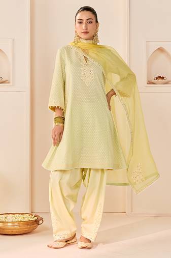 Mint green embroidered chanderi silk choga kurti set
