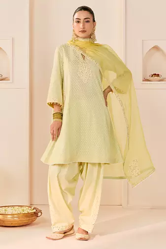 Mint green embroidered chanderi silk choga kurti set