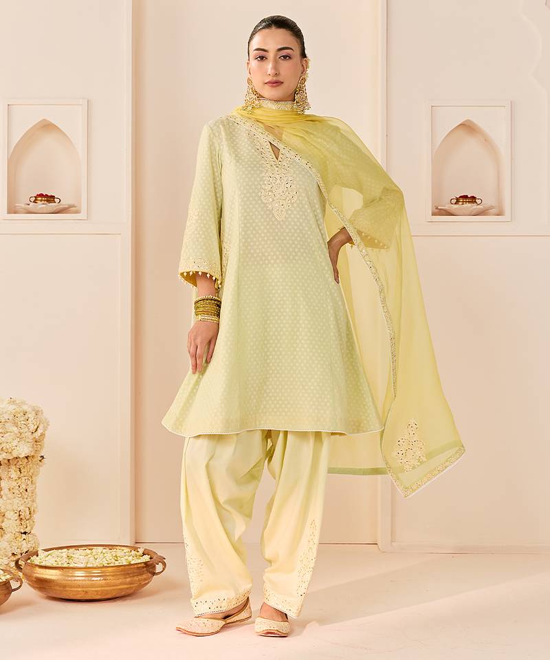Mint green embroidered chanderi silk choga kurti set