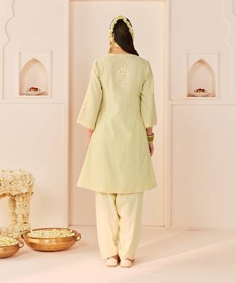 Mint green embroidered chanderi silk choga kurti set 2
