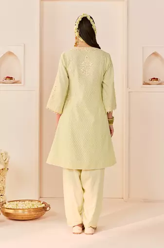 Mint green embroidered chanderi silk choga kurti set