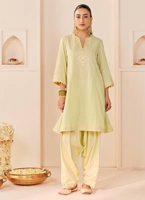 Mint green embroidered chanderi silk choga kurti set 3