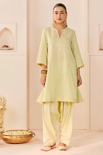 Mint green embroidered chanderi silk choga kurti set