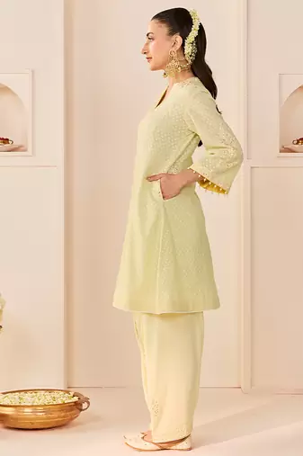 Mint green embroidered chanderi silk choga kurti set