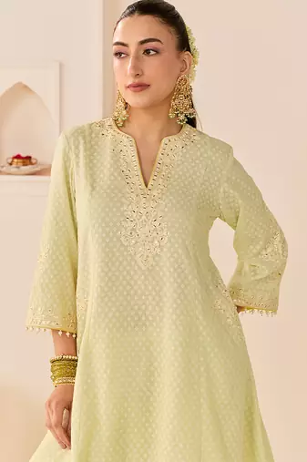 Mint green embroidered chanderi silk choga kurti set