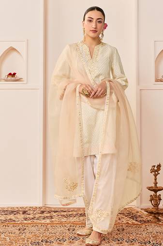 Daisy ivory embroidered chanderi silk choga kurti set