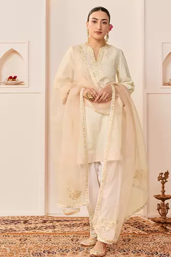 Daisy ivory embroidered chanderi silk choga kurti set