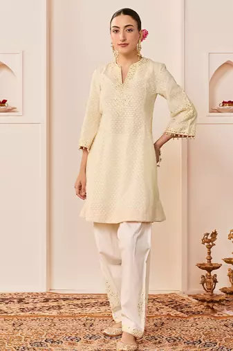 Daisy ivory embroidered chanderi silk choga kurti set