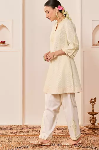 Daisy ivory embroidered chanderi silk choga kurti set