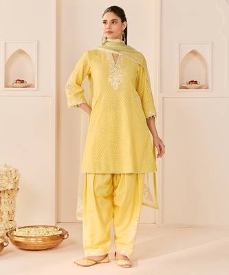 Lemon yellow embroidered chanderi silk choga kurti set 1