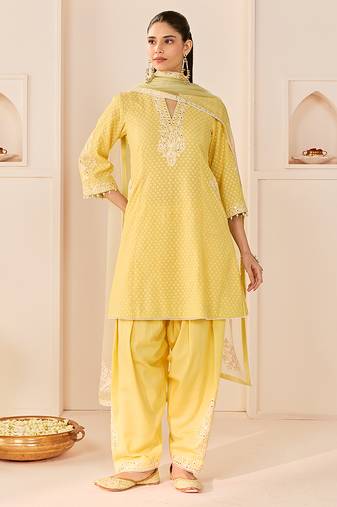 Lemon yellow embroidered chanderi silk choga kurti set