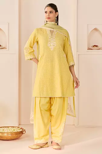 Lemon yellow embroidered chanderi silk choga kurti set