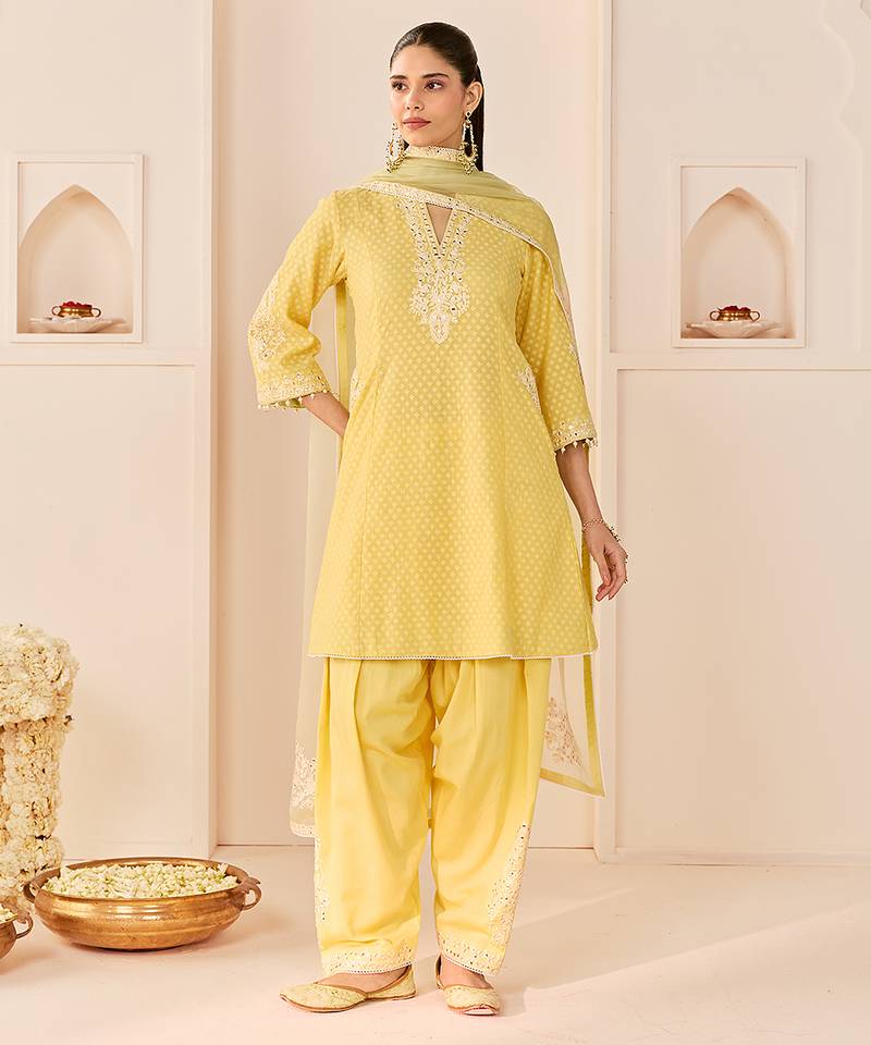 Lemon yellow embroidered chanderi silk choga kurti set