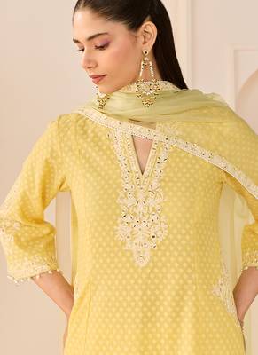 Lemon yellow embroidered chanderi silk choga kurti set 2