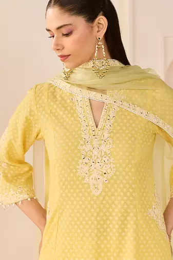 Lemon yellow embroidered chanderi silk choga kurti set