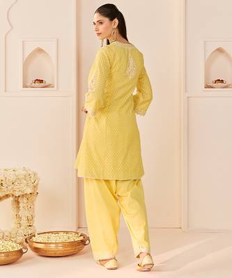 Lemon yellow embroidered chanderi silk choga kurti set 3