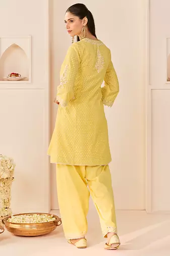 Lemon yellow embroidered chanderi silk choga kurti set