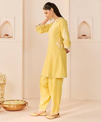Lemon yellow embroidered chanderi silk choga kurti set 4