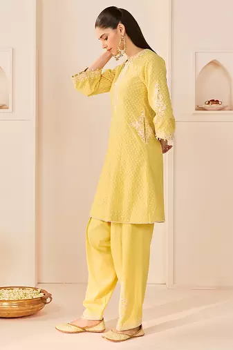 Lemon yellow embroidered chanderi silk choga kurti set