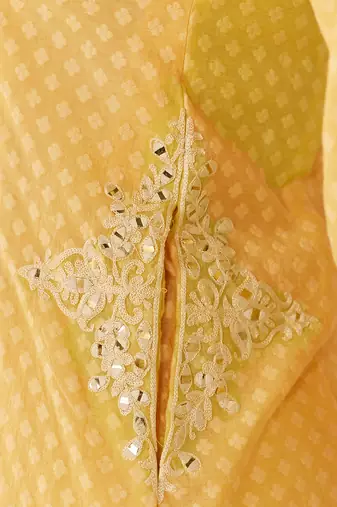 Lemon yellow embroidered chanderi silk choga kurti set