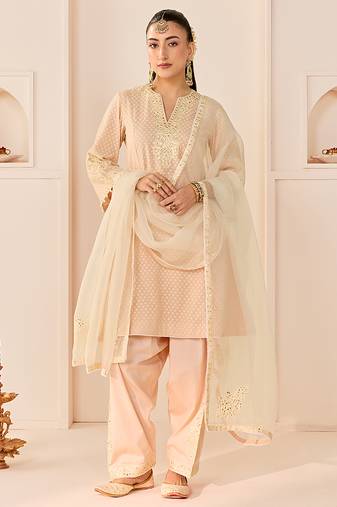 Carnation pink embroidered chanderi silk choga kurti set