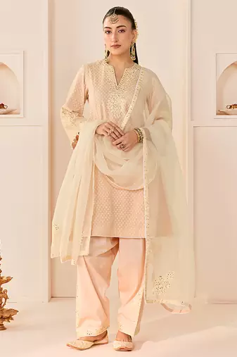 Carnation pink embroidered chanderi silk choga kurti set