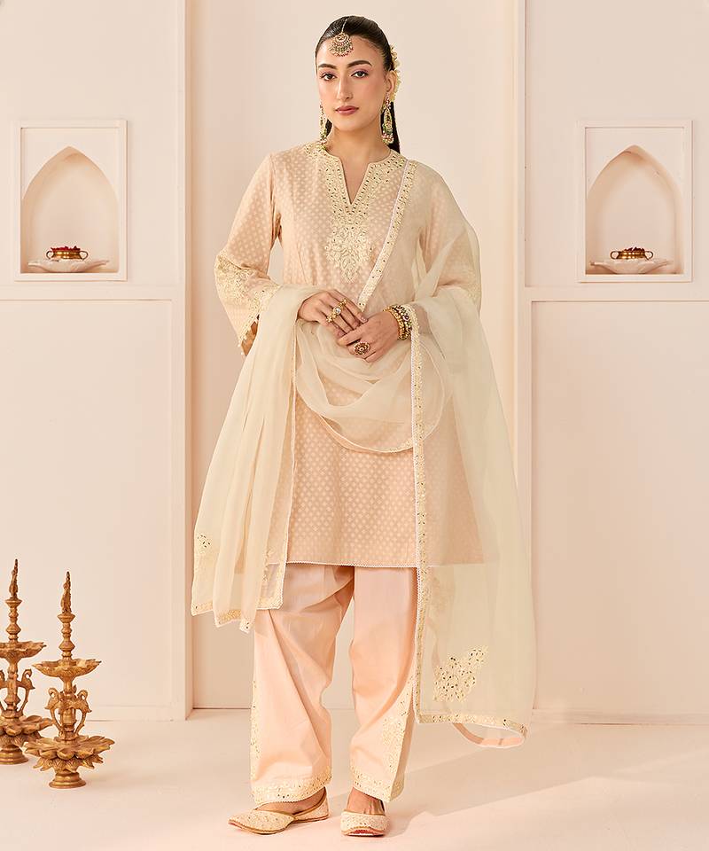 Carnation pink embroidered chanderi silk choga kurti set