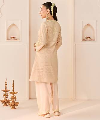 Carnation pink embroidered chanderi silk choga kurti set 3