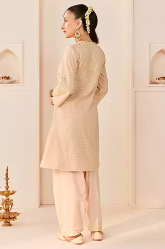 Carnation pink embroidered chanderi silk choga kurti set