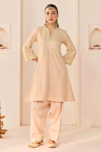 Carnation pink embroidered chanderi silk choga kurti set