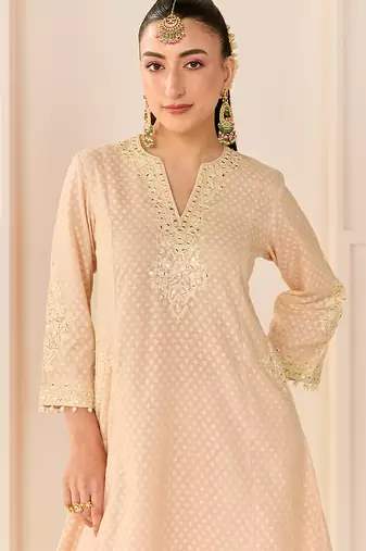 Carnation pink embroidered chanderi silk choga kurti set