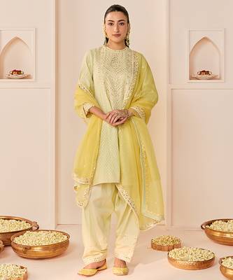 Mint green embroidered chanderi silk choga kurti set 1