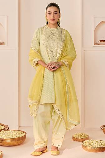 Mint green embroidered chanderi silk choga kurti set