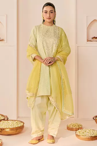 Mint green embroidered chanderi silk choga kurti set
