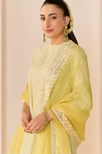Mint green embroidered chanderi silk choga kurti set