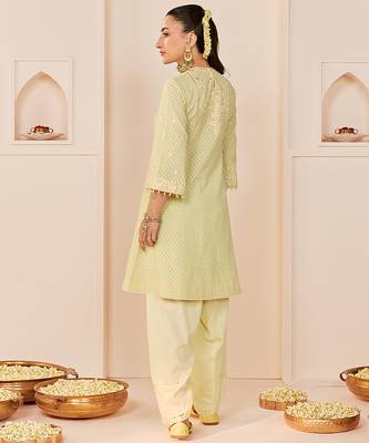 Mint green embroidered chanderi silk choga kurti set 3