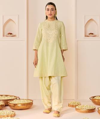 Mint green embroidered chanderi silk choga kurti set 4