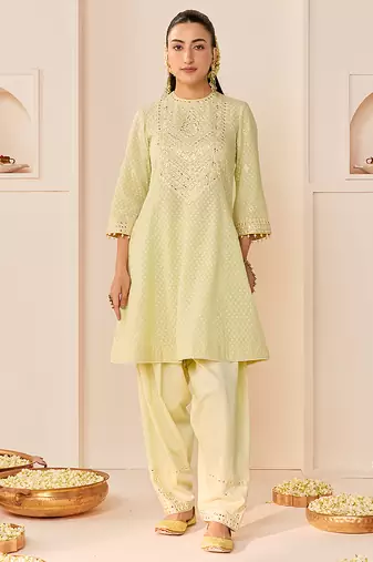 Mint green embroidered chanderi silk choga kurti set