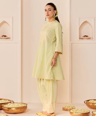 Mint green embroidered chanderi silk choga kurti set 5