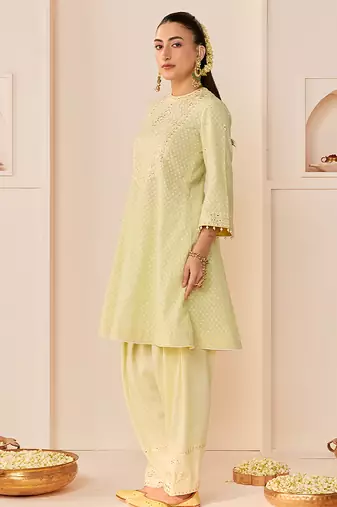 Mint green embroidered chanderi silk choga kurti set