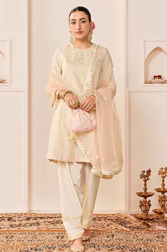 Daisy ivory embroidered chanderi silk choga kurti set