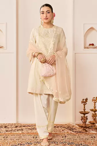 Daisy ivory embroidered chanderi silk choga kurti set