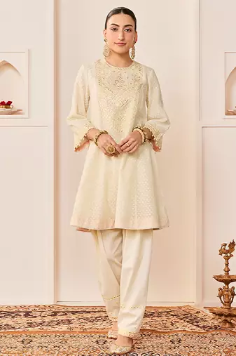 Daisy ivory embroidered chanderi silk choga kurti set
