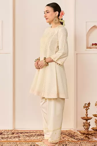 Daisy ivory embroidered chanderi silk choga kurti set