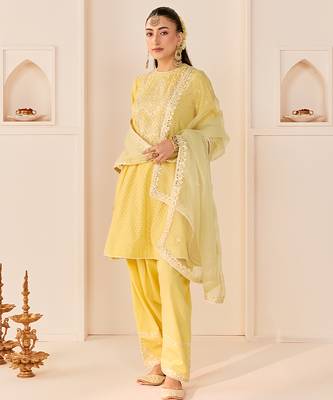 Lemon yellow embroidered chanderi silk choga kurti set 1