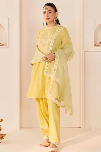 Lemon yellow embroidered chanderi silk choga kurti set